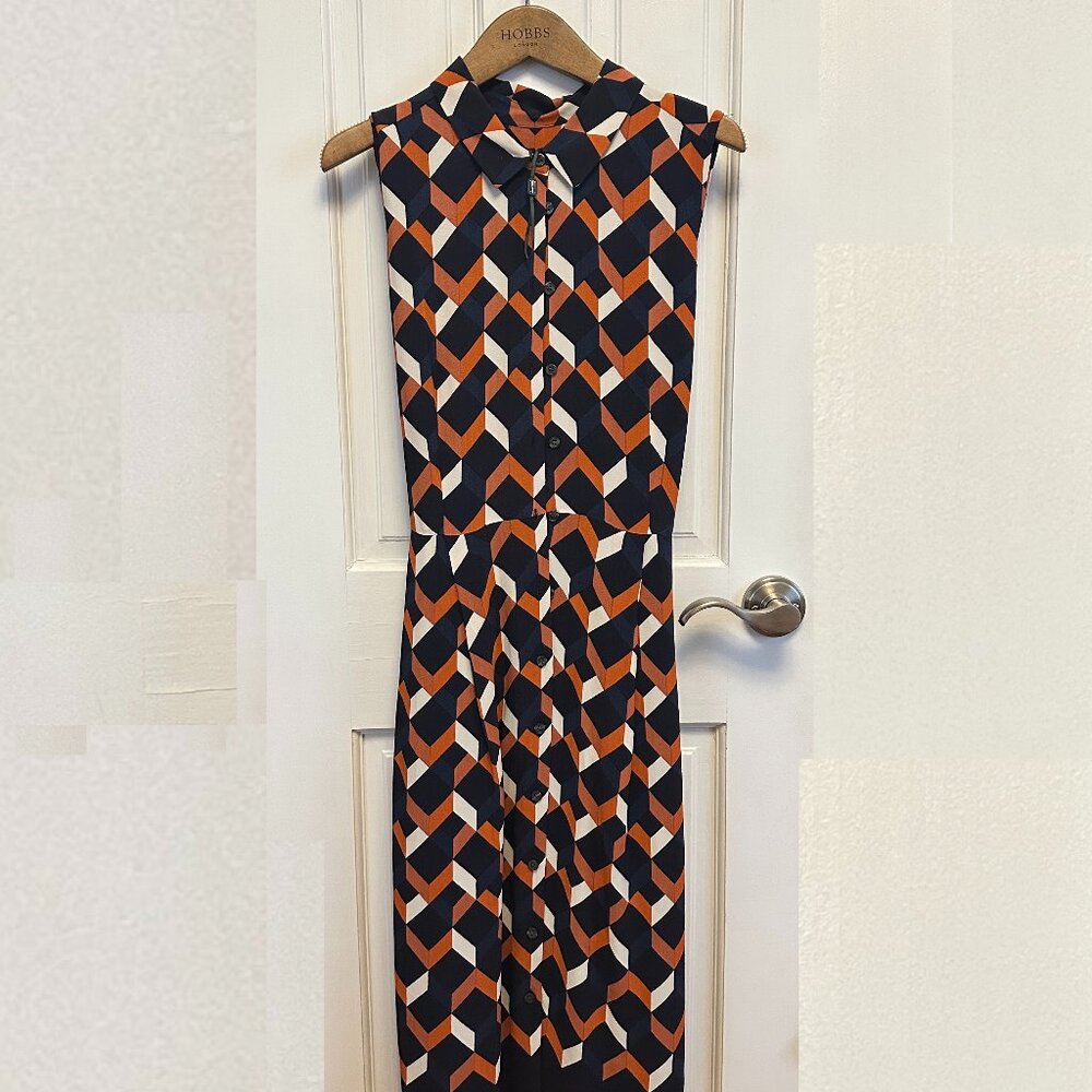 HOBBS London Geometric Buttoned Sleeve Dress w/ Collar and Tie Waist Size US 8